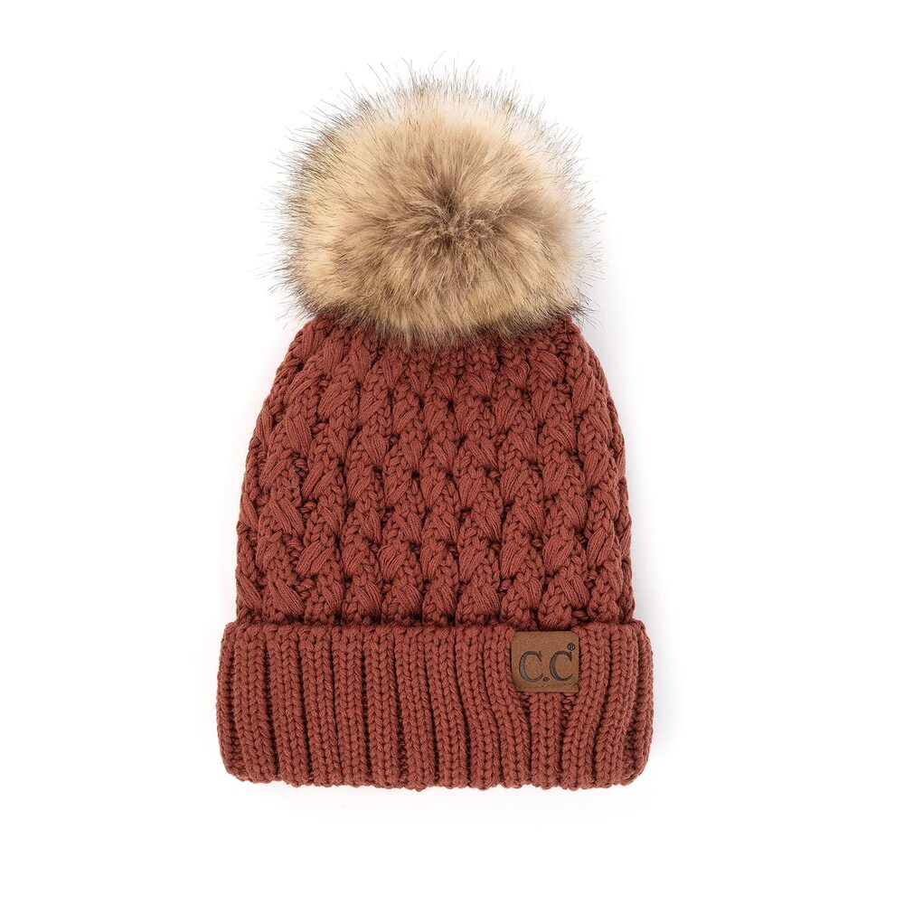 9745 Hatsandscarf Winter Slouchy Knitted Hat Cable Knit Pom Beanie Hat